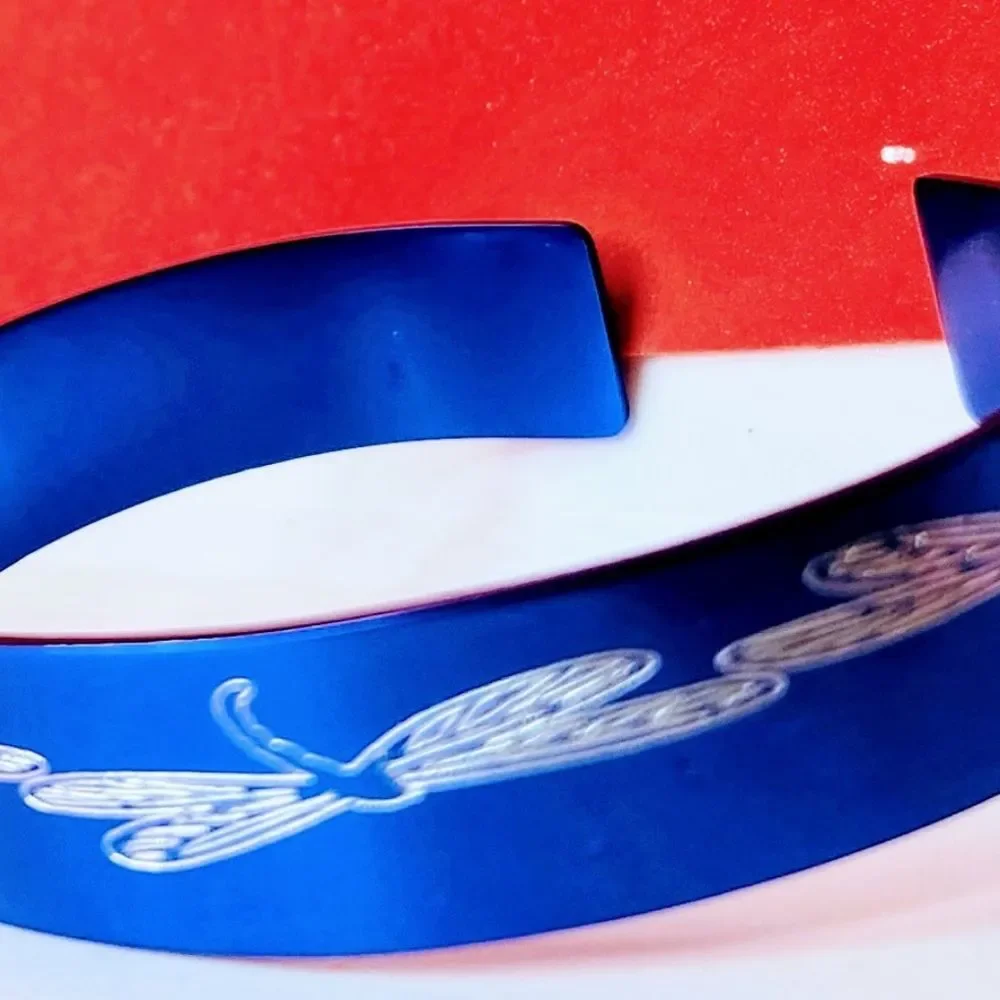 Hand Crafted Engraved Cuff Bracelet Blue Dragonfly